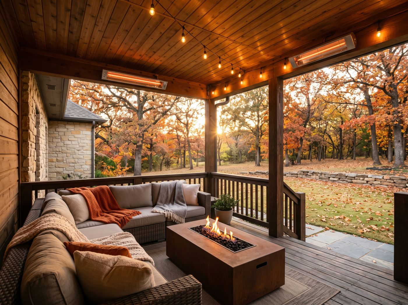 Covered patio with heaters and bistro lights in autumn