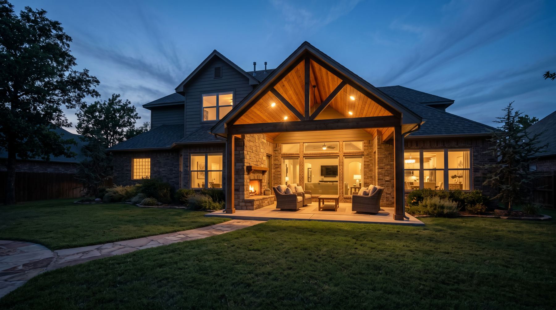 Home with glowing covered patio at dusk