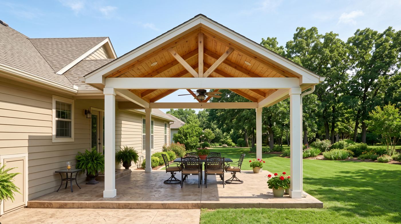 Gabled covered patio addition with exposed wood ceiling