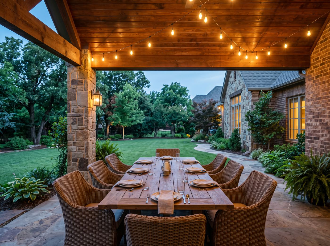 Outdoor dining table under string lights on a covered patio at dusk