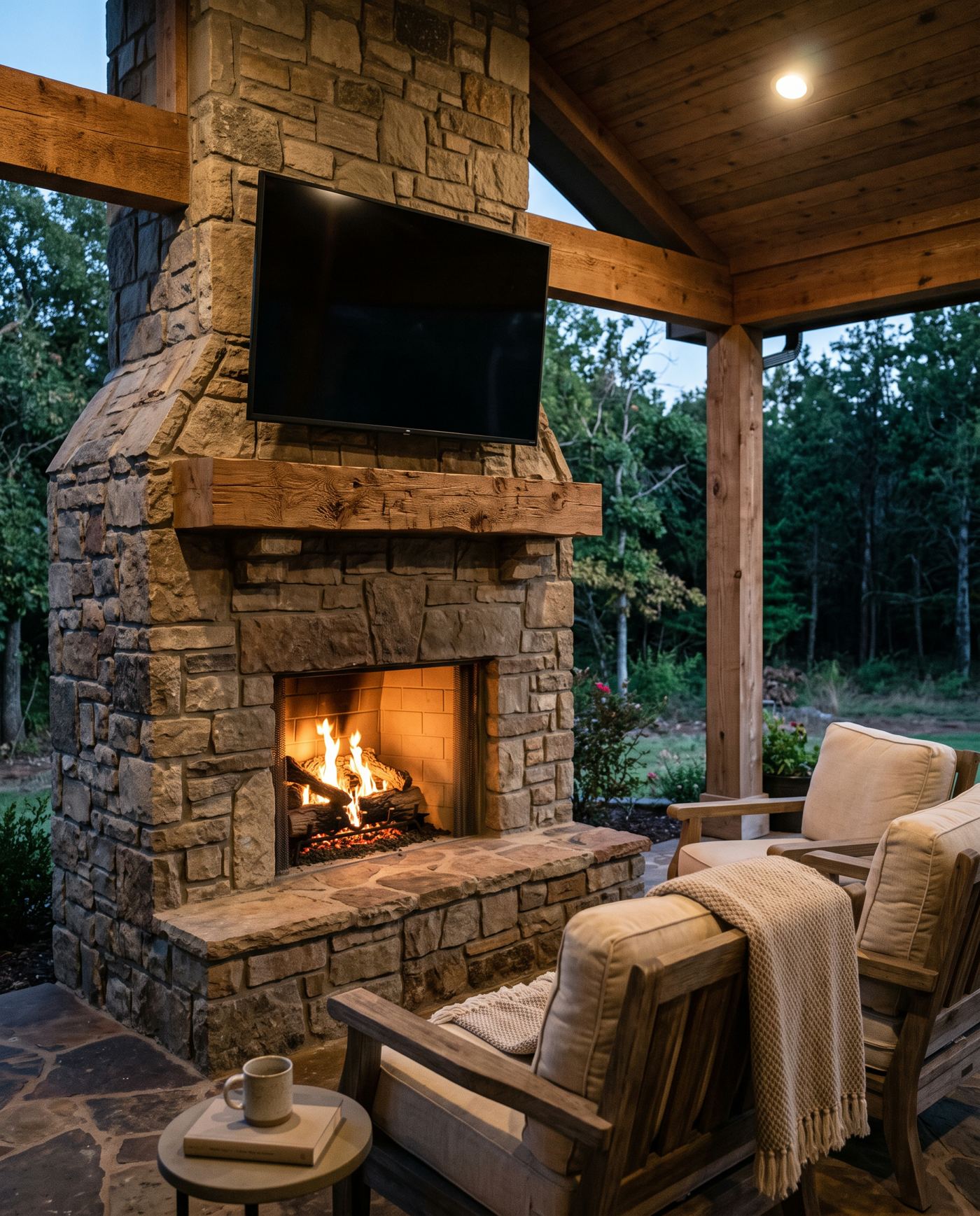 Outdoor stone fireplace with TV above the mantel