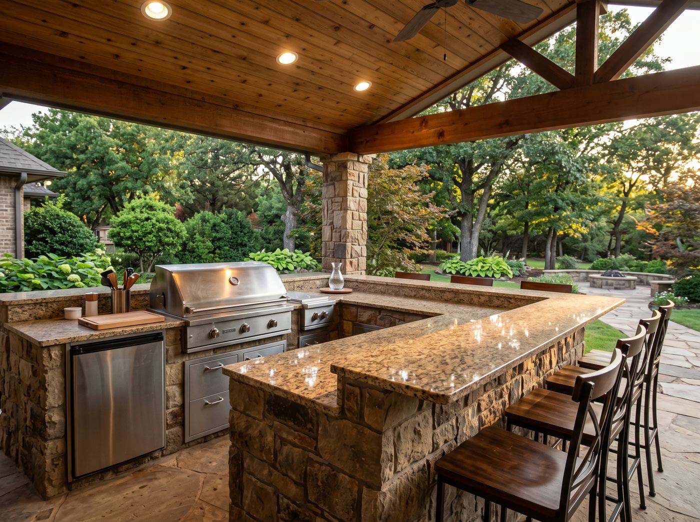 Outdoor kitchen with granite counters and built-in grill
