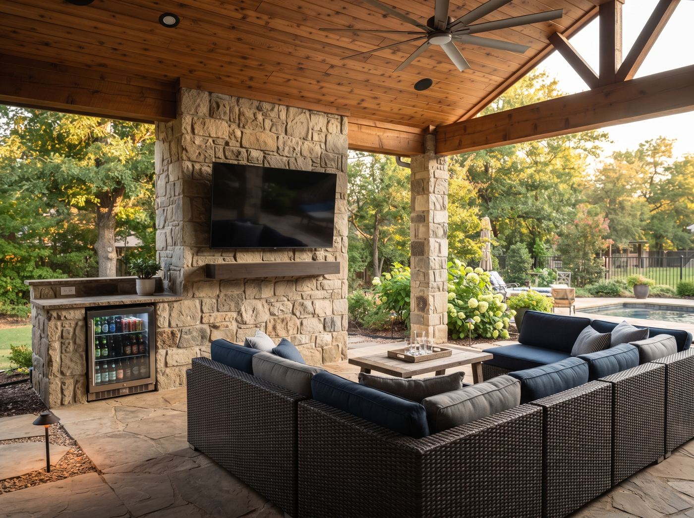 Covered patio lounge with TV on a stone wall and drink fridge